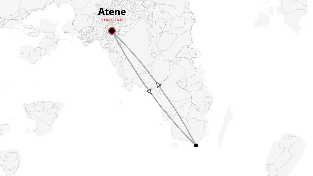 A stylized map showing a travel itinerary that starts and ends in Athens.
