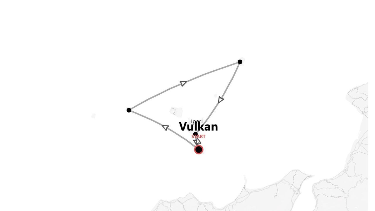 Eine Karte einer dreieckigen Reiseroute, die bei Lipari und Vulkan beginnt und mit Linien und Pfeilen dargestellt ist.