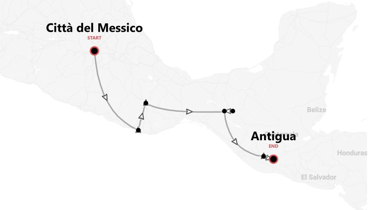 Mappa di un itinerario di viaggio da Città del Messico ad Antigua.