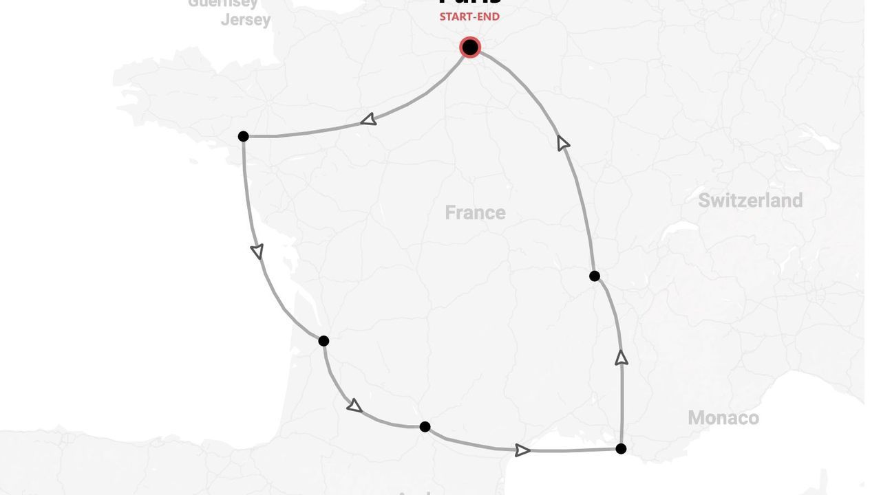 Una mappa che mostra un itinerario di viaggio circolare in Francia, con partenza e arrivo a Parigi.