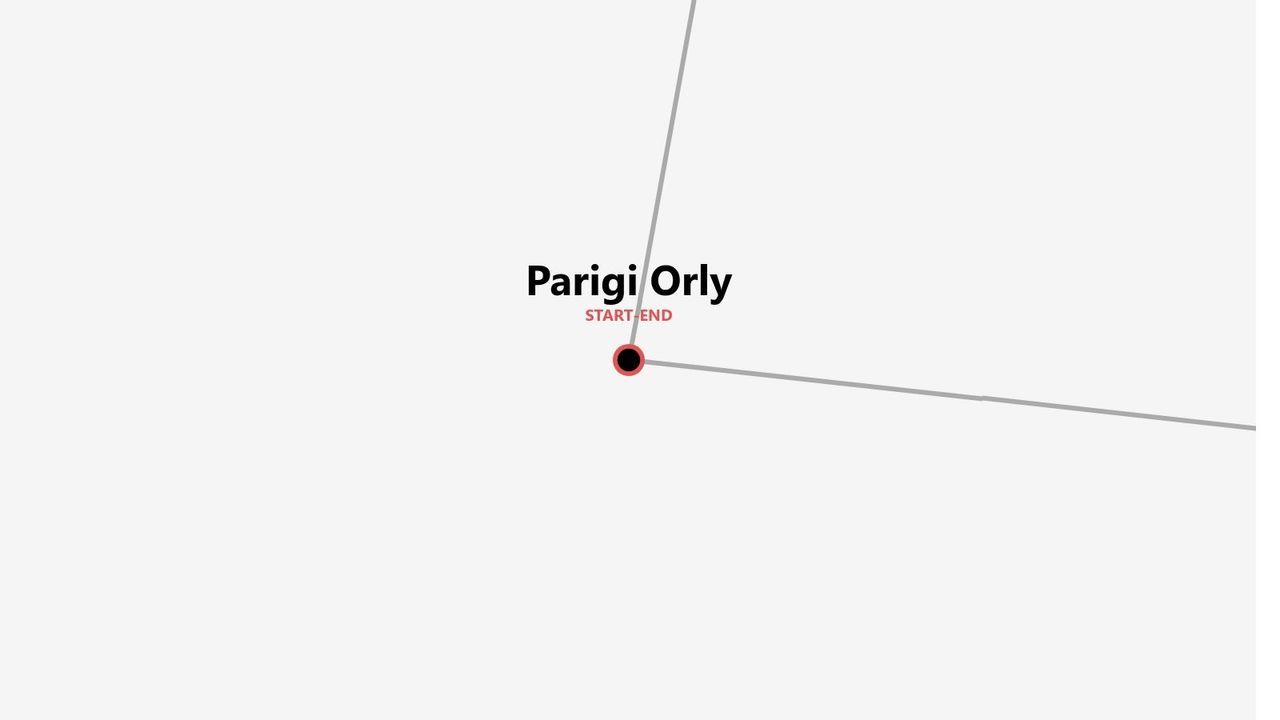 Una mappa grafica che mostra 'Parigi Orly' come punto di partenza e di arrivo di un itinerario, contrassegnata da un punto rosso e nero.