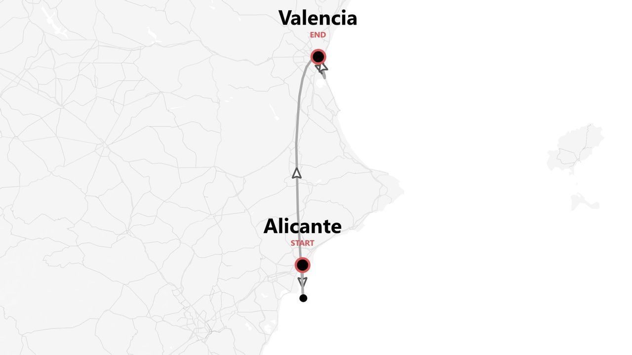 Mappa di un itinerario di viaggio da Alicante a Valencia, lungo la costa spagnola.