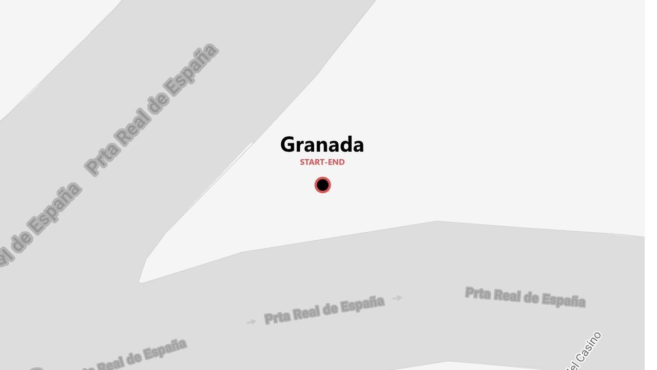 Un mapa minimalista que indica el inicio y fin de una ruta en Granada, en la calle Prta Real de España.