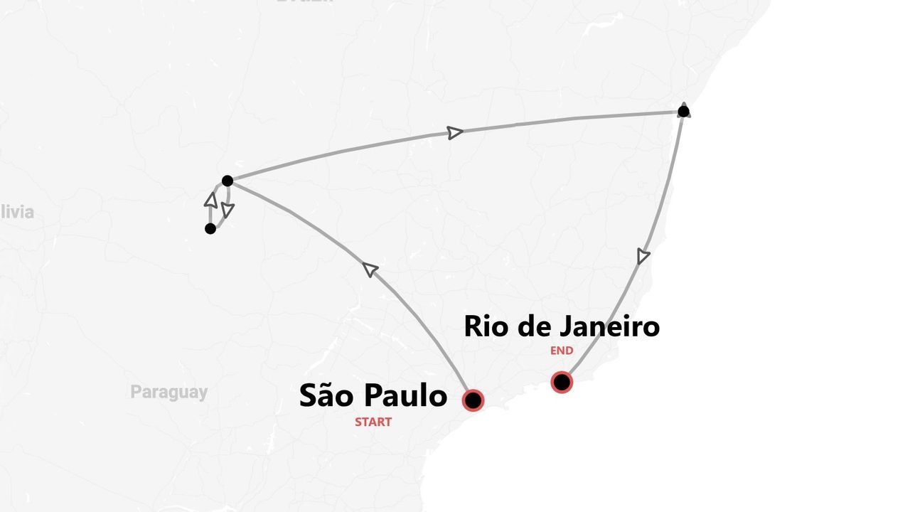 Eine Karte einer Reiseroute in Brasilien, von São Paulo nach Rio de Janeiro.
