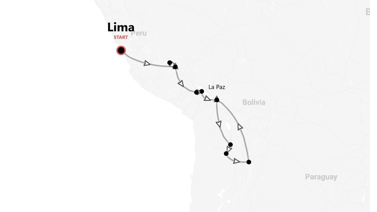 Karte einer Reiseroute von Lima, Peru, über La Paz, Bolivien.