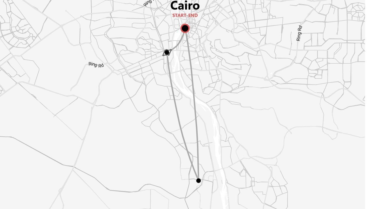 Mappa stilizzata che mostra un itinerario di viaggio con inizio e fine al Cairo, Egitto, segnati da spilli e una linea di congiunzione.