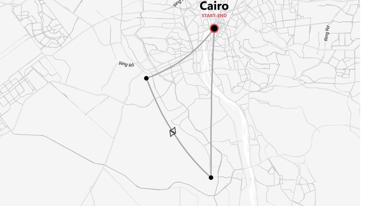 A stylized map of a travel itinerary with Cairo as the start and end point, showing the route and waypoints.