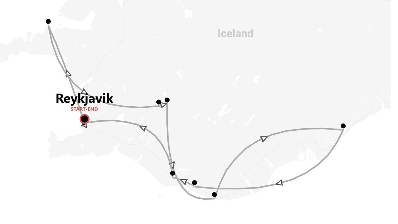 A map showing a tour route through southern Iceland, with the start and end point marked as Reykjavik.