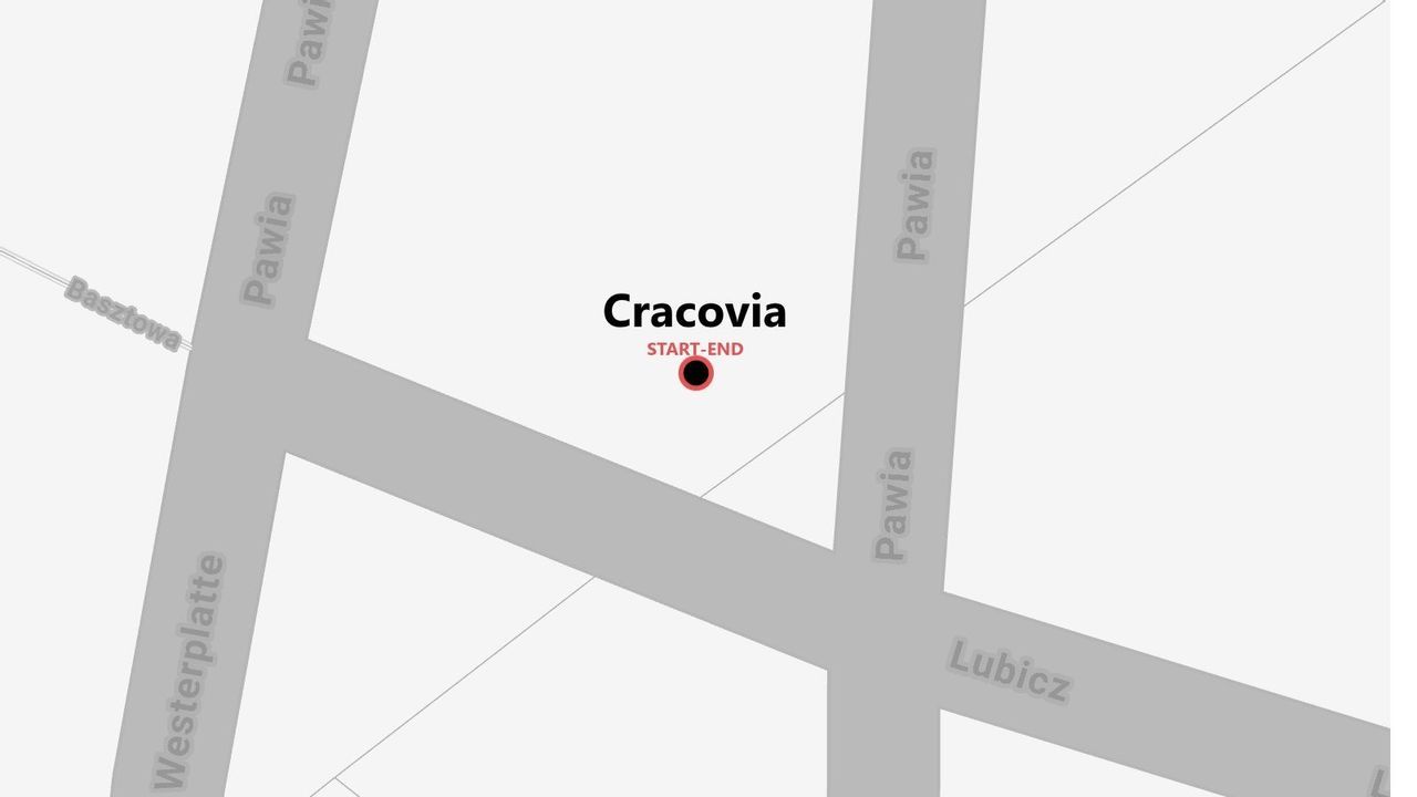 Una mappa semplificata di Cracovia che mostra un punto di inizio-fine vicino all'incrocio delle vie Pawia, Lubicz e Westerplatte.