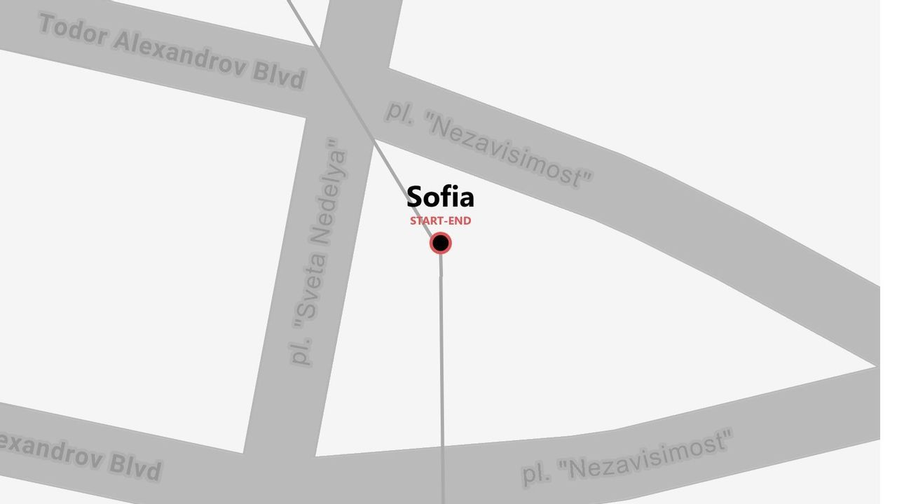 Mappa minimalista di Sofia, con i punti di partenza e arrivo di un percorso vicino a Piazza 'Nezavisimost' e Viale Todor Alexandrov.