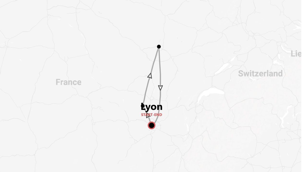 Eine Karte einer Reiseroute in Frankreich, die eine Rundreise zeigt, beginnend und endend in Lyon.