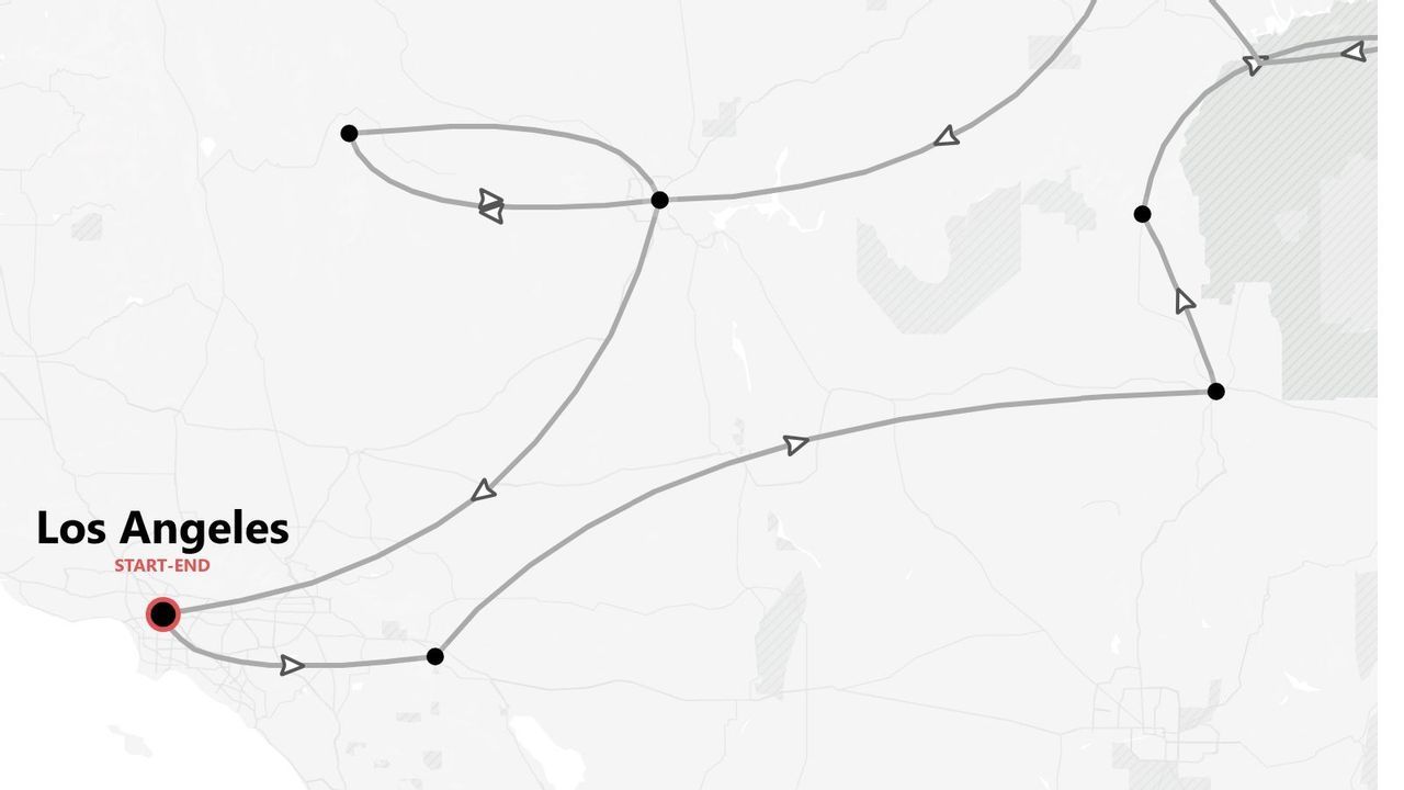 Una mappa in scala di grigi che mostra un itinerario turistico con Los Angeles indicata come punto di inizio e fine.
