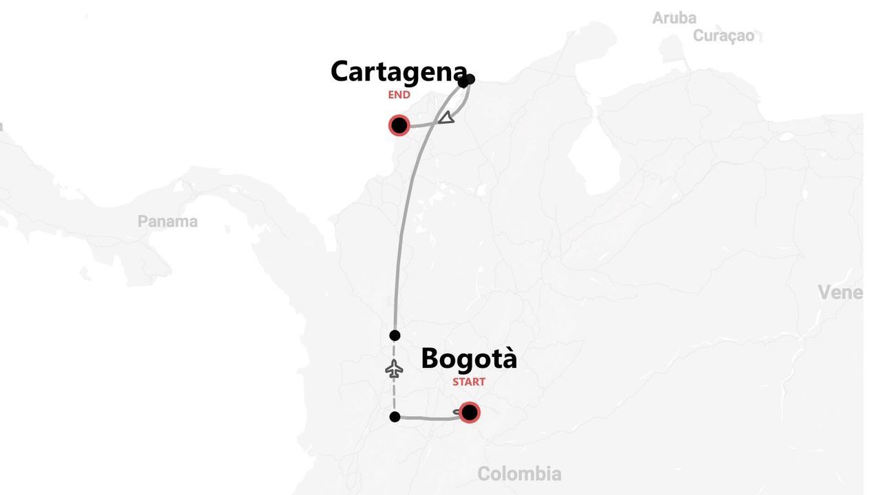 Mappa di un itinerario di viaggio in Colombia, con partenza da Bogotá e arrivo a Cartagena.