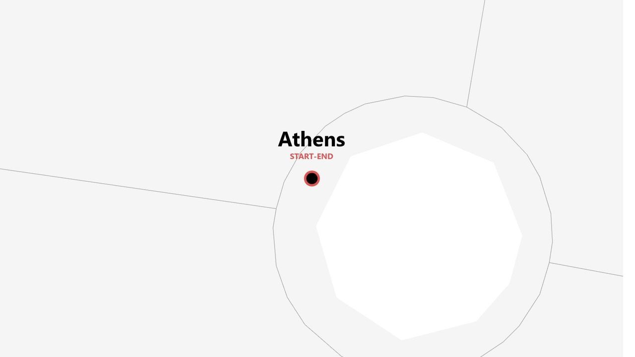 Un mapa estilizado que muestra Atenas como inicio y fin de una ruta, marcado con un pin.