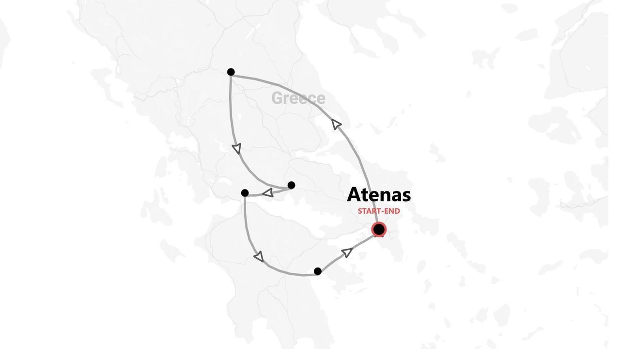 Mapa de un itinerario por Grecia, con una ruta de varias paradas que comienza y termina en Atenas.