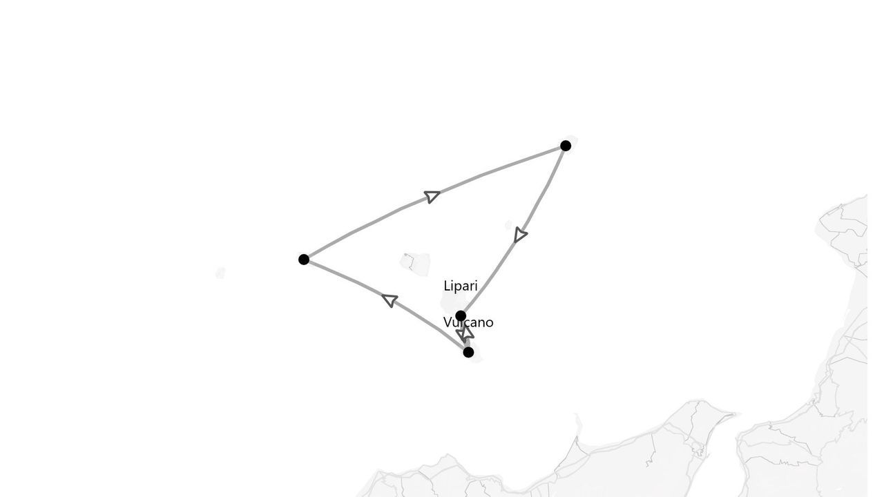 Une carte minimaliste montrant un itinéraire triangulaire reliant des points autour des îles de Lipari et Vulcano.