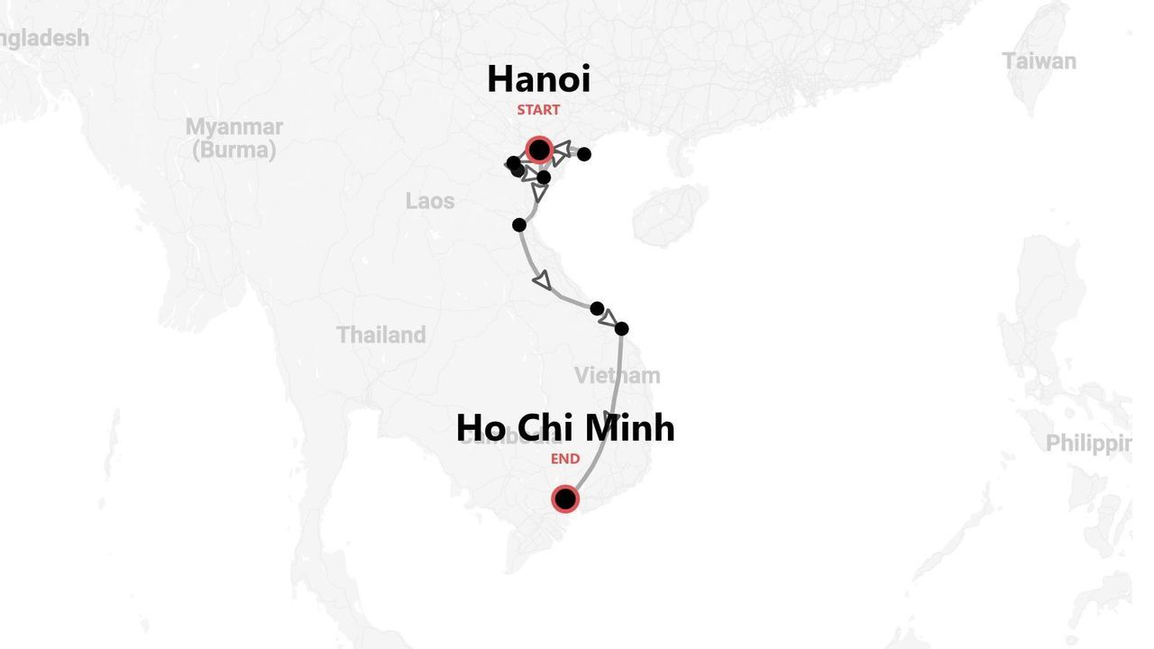 Carte d'un itinéraire de voyage au Vietnam, de Hanoï à Hô Chi Minh-Ville.