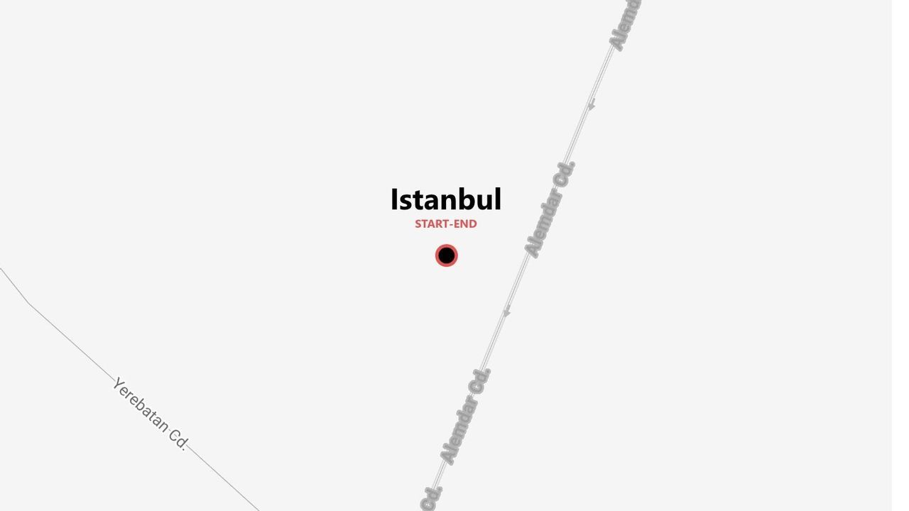 Une carte stylisée d'Istanbul indiquant les points de départ et d'arrivée, avec les rues Yerebatan Cd. et Alemdar Cd. marquées.