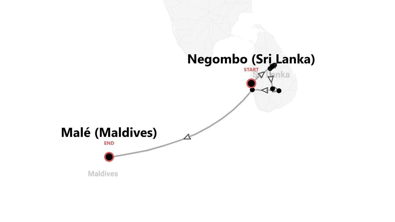 Une carte montrant un itinéraire de voyage commençant à Negombo, Sri Lanka, et se terminant à Malé, Maldives.