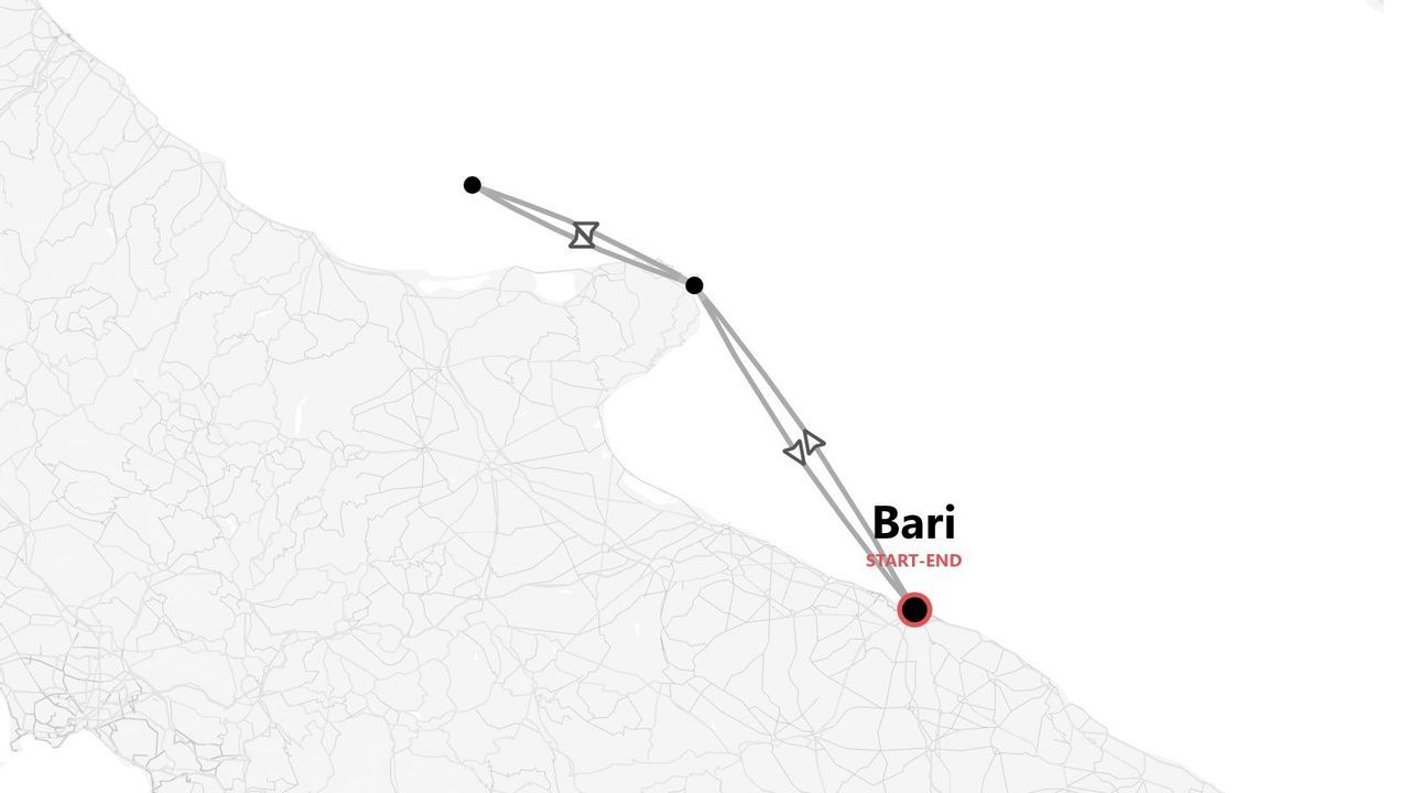 Una mappa stilizzata che illustra un itinerario di viaggio con partenza e arrivo a Bari, ripercorrendo la costa e l'entroterra.