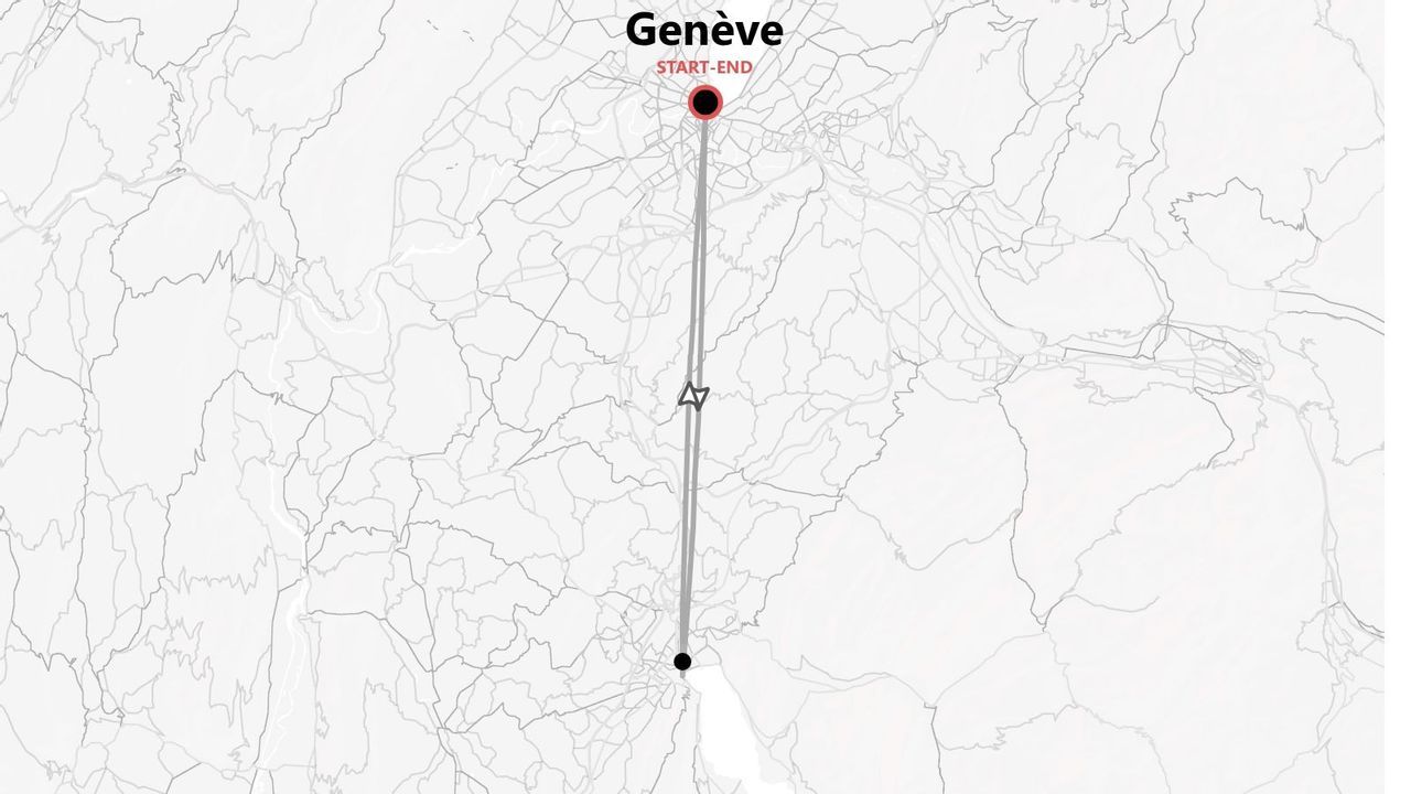 Une carte minimaliste montrant un itinéraire qui commence et se termine à Genève, indiqué par une épingle rouge intitulée 'DÉPART-FIN'.