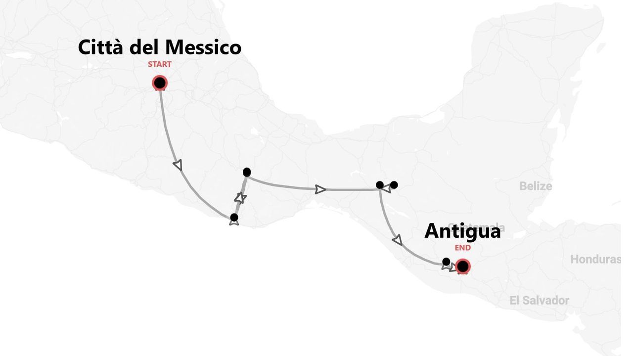 Una mappa di un itinerario di viaggio con partenza da Città del Messico e arrivo ad Antigua.