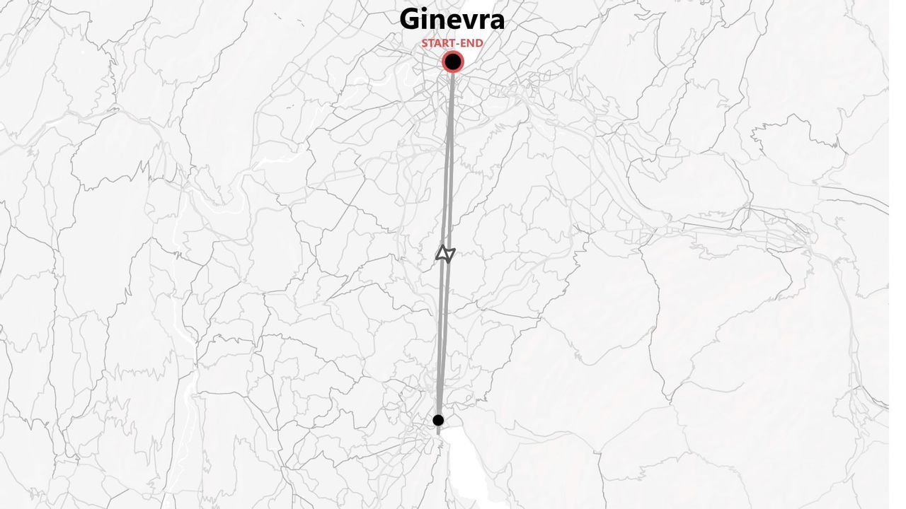 Un mapa minimalista que muestra una ruta de viaje recta con un punto de inicio y fin marcados en Ginebra.