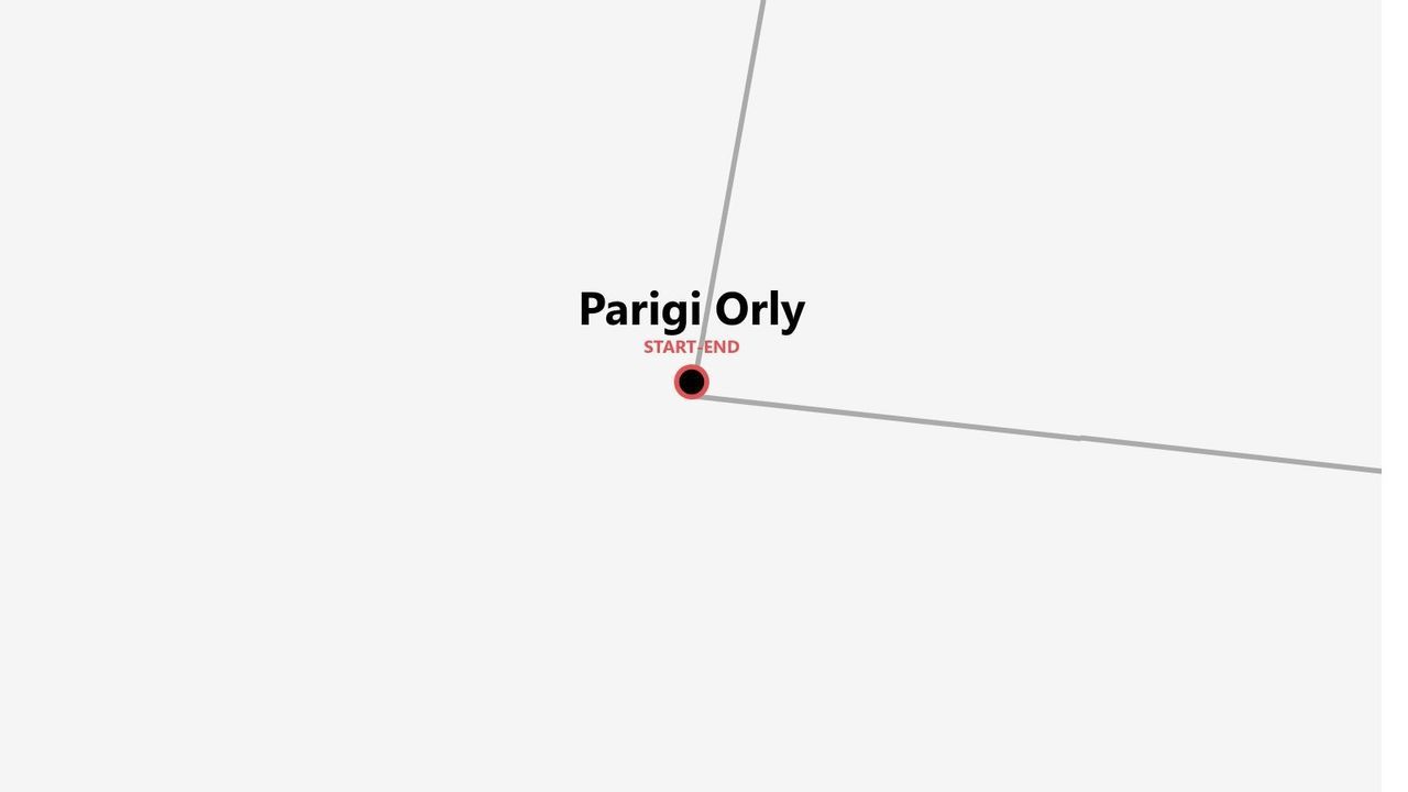 Grafica di mappa minimalista che rappresenta un itinerario con 'Parigi Orly' segnato come punto di partenza e di arrivo tramite un segnaposto circolare rosso.