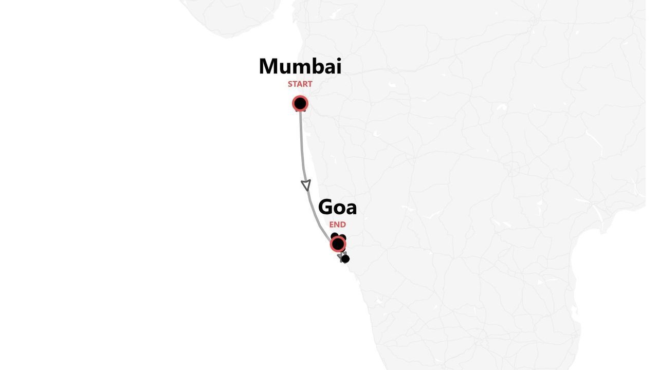 Una mappa semplificata che mostra un itinerario di viaggio con partenza da Mumbai e arrivo a Goa.