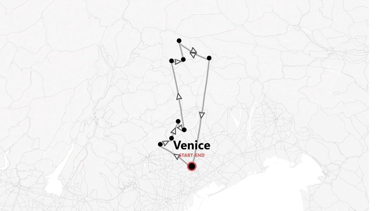 A map of a travel itinerary showing a route with multiple stops that starts and ends in Venice.