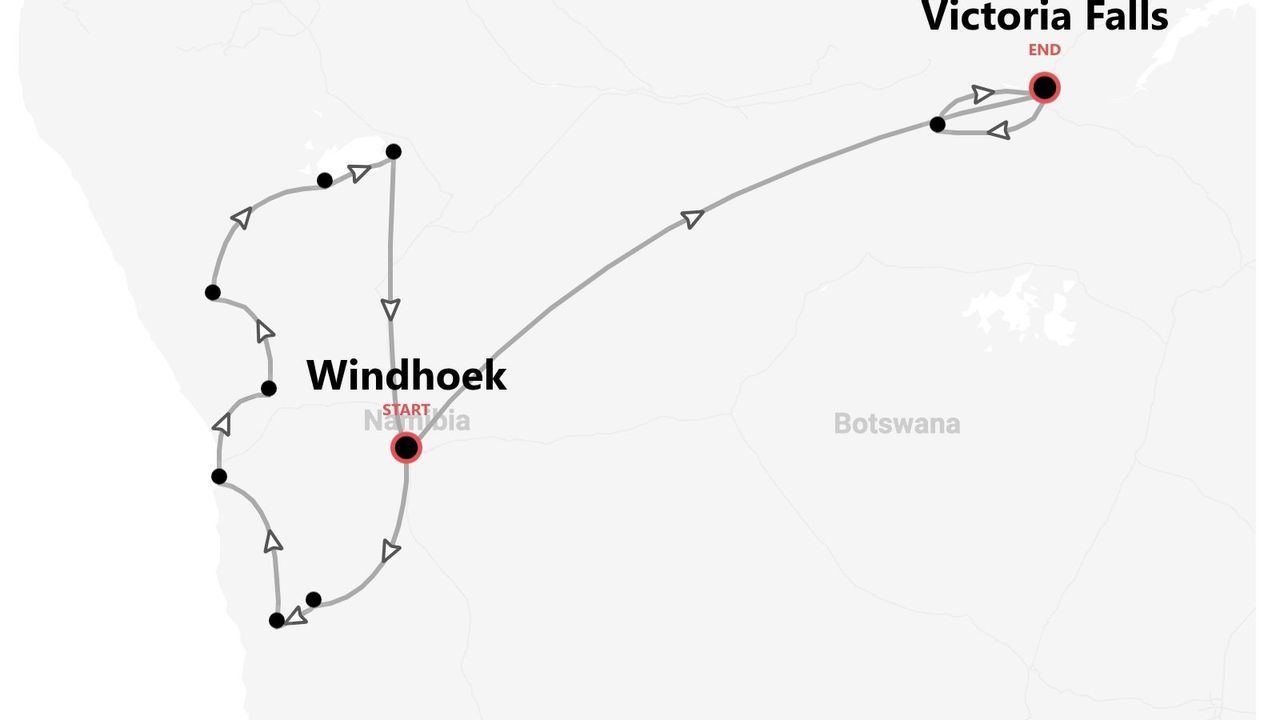 Una mappa che mostra un percorso turistico con partenza da Windhoek, Namibia, attraversando il Botswana e terminando alle Cascate Vittoria.