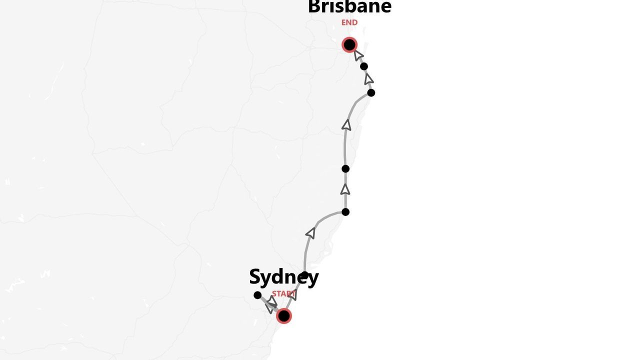 Karte einer Reiseroute entlang der australischen Küste von Sydney nach Brisbane.