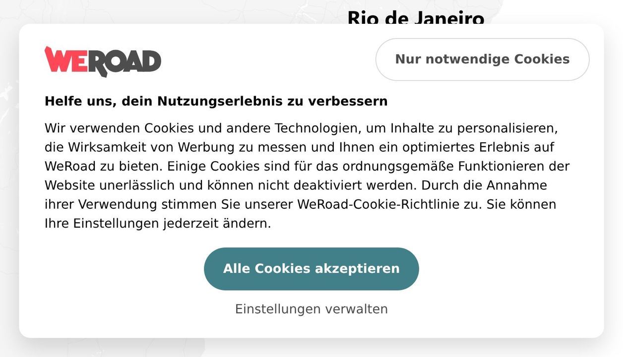 Ein Screenshot des Cookie-Zustimmungsbanners der WeRoad-Website auf Deutsch, mit Optionen zum Akzeptieren, Ablehnen oder Verwalten der Einstellungen.