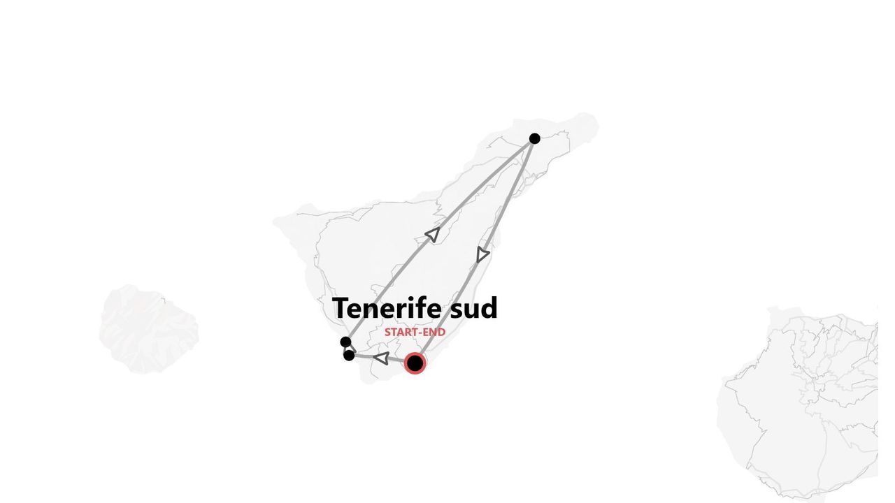 Mappa dell'itinerario di un tour nel sud di Tenerife, con il percorso e i punti di inizio e fine.