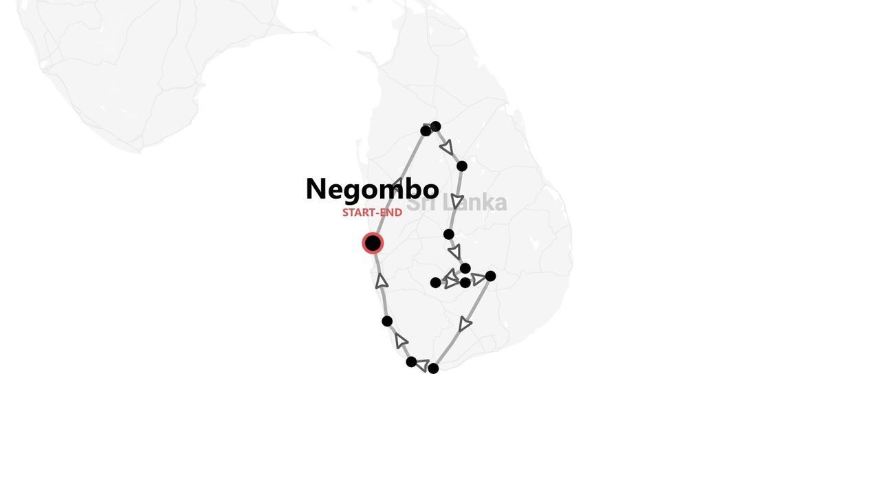A minimalist map showing a tour itinerary through Sri Lanka, starting and ending in the city of Negombo.