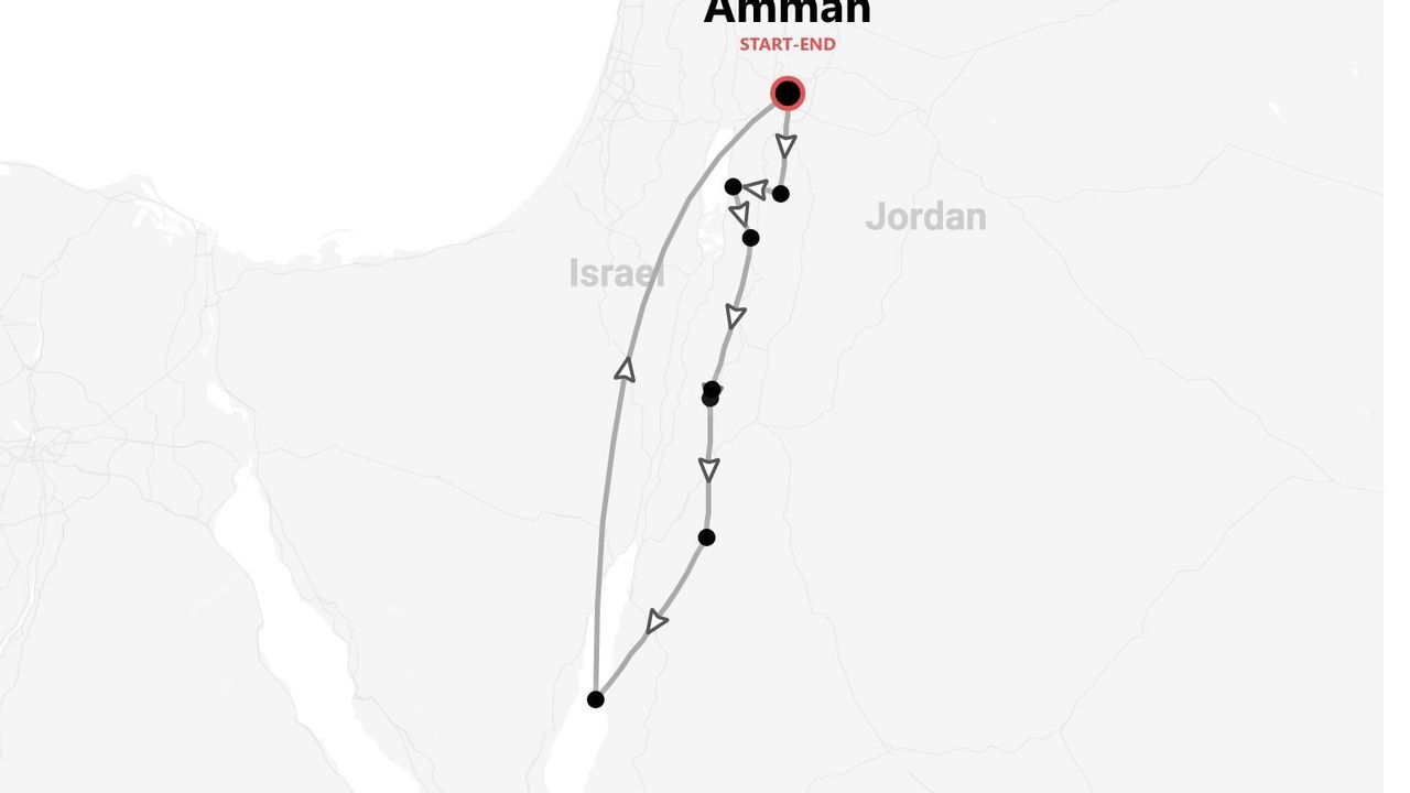Carte d'itinéraire de voyage en Jordanie et Israël, avec des étapes marquées, au départ et à l'arrivée d'Amman.