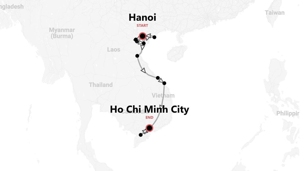 Karte einer Reiseroute durch Vietnam, von Hanoi nach Ho-Chi-Minh-Stadt.