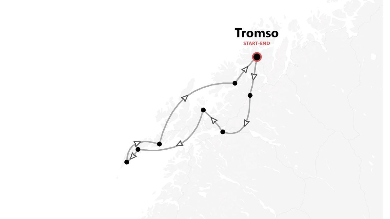 Eine Karte mit einer Reiseroute, die in Tromsø beginnt und endet, vor einem topografischen Hintergrund.