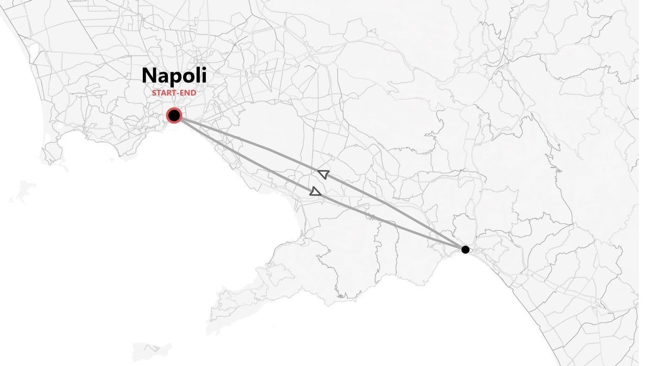 Un mapa en blanco y negro que muestra una ruta de viaje de ida y vuelta con inicio y fin en Nápoles, Italia.