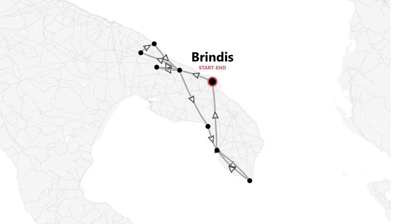 Mapa minimalista de un itinerario con varias paradas, con inicio y fin en Brindisi.