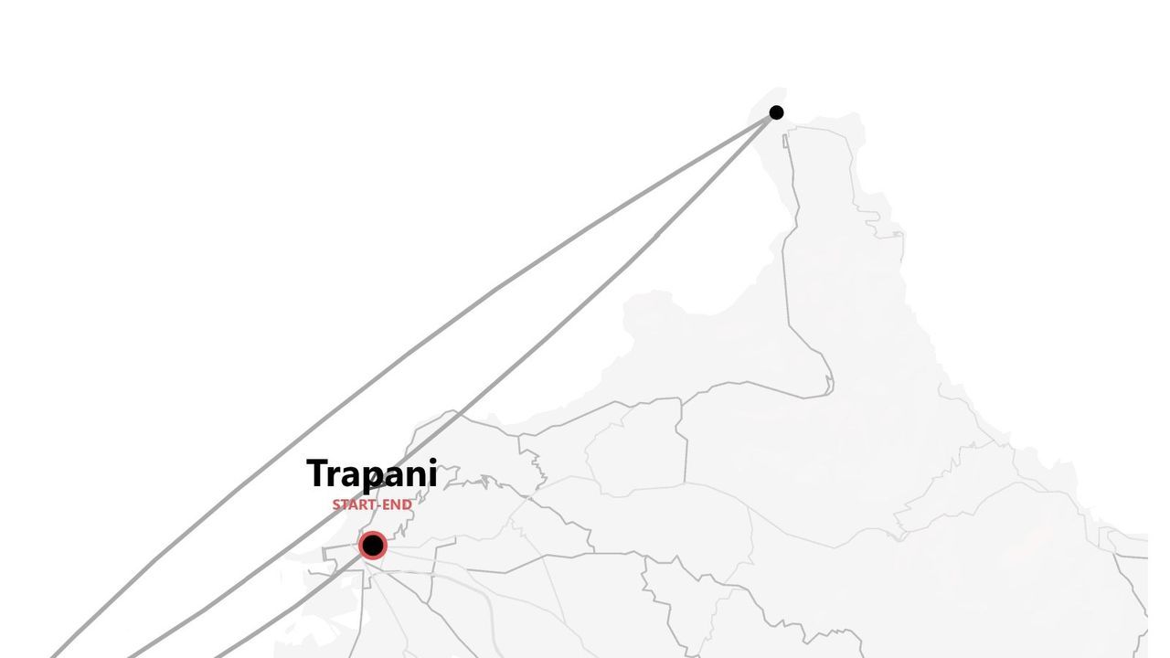 Un mapa que muestra una ruta de viaje triangular con inicio y fin en Trapani.