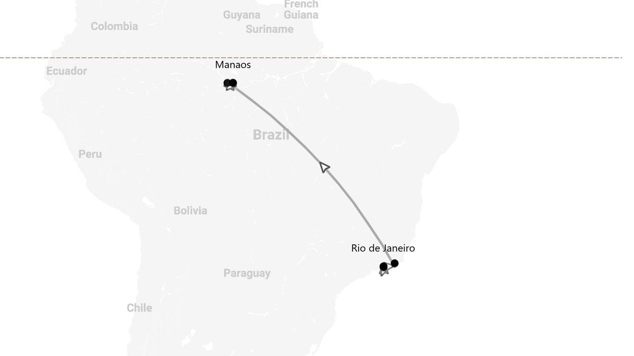 Un mapa de Brasil que muestra una ruta de viaje de Manaus a Río de Janeiro.