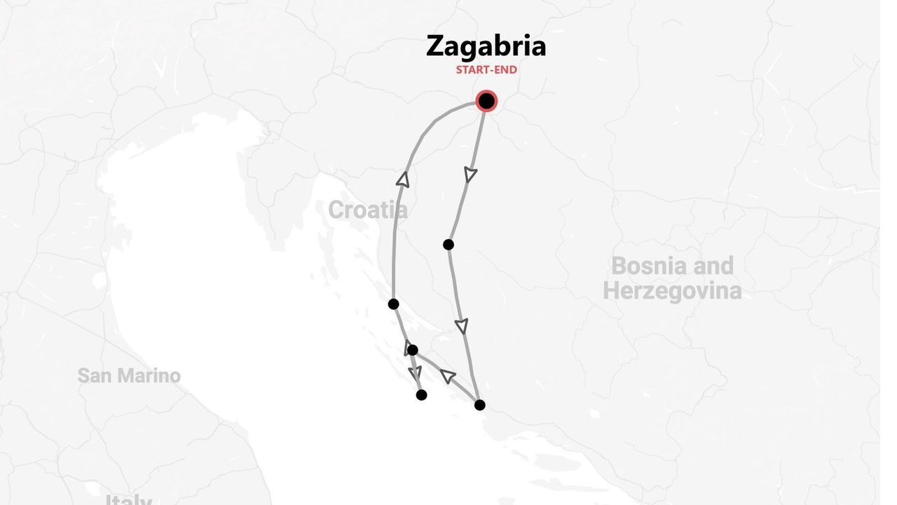 Una mappa che illustra un itinerario di viaggio con partenza e arrivo a Zagabria, che si snoda a sud attraverso la Croazia.