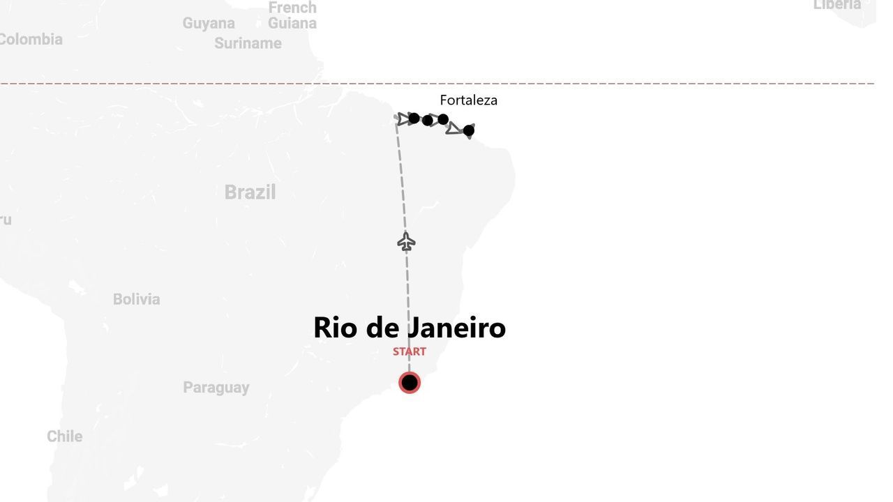 A map of Brazil showing a travel route starting in Rio de Janeiro and ending in Fortaleza.