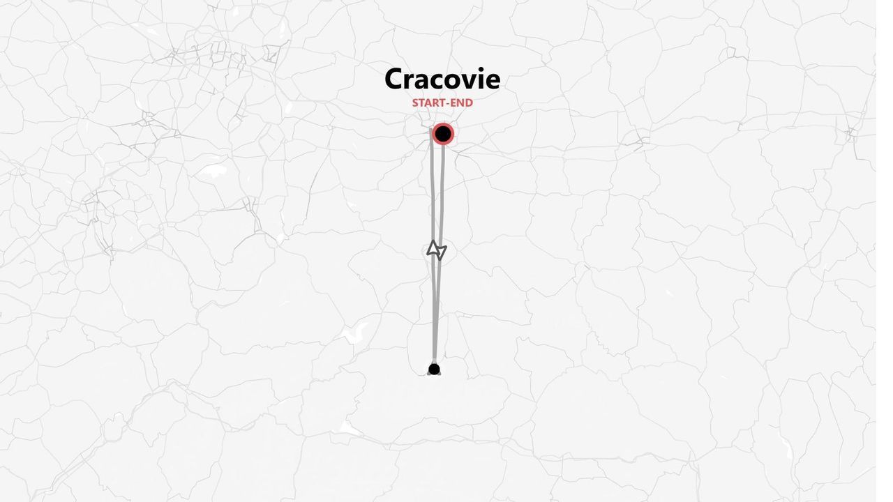 Une carte minimaliste montrant un itinéraire de voyage qui commence et se termine à Cracovie, avec une icône d'avion marquant le parcours.