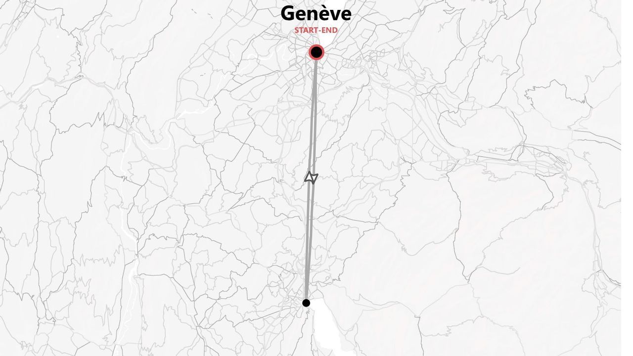 Une carte minimaliste montrant un itinéraire de voyage avec ses points de départ et d'arrivée marqués dans la ville de Genève.