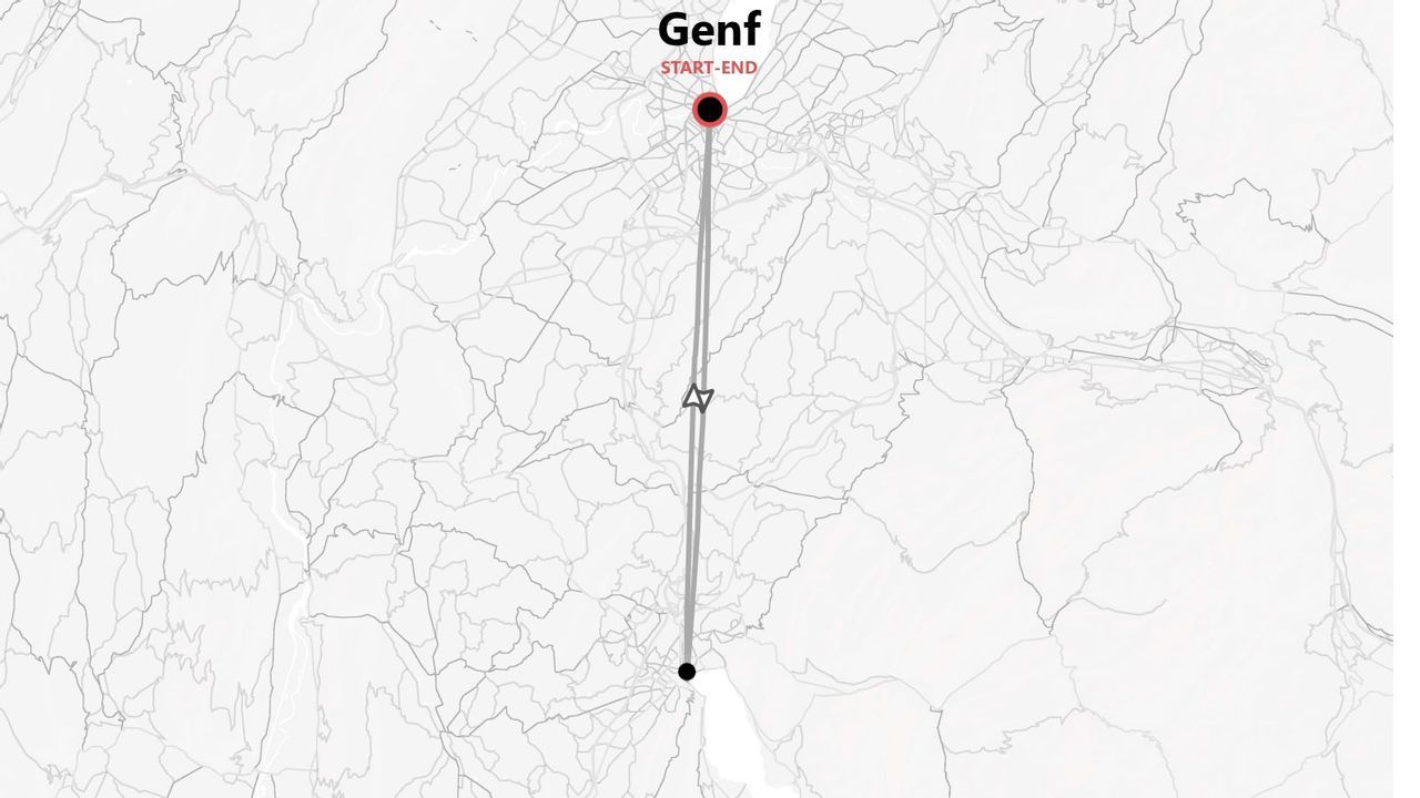Eine minimalistische Karte einer Route mit Start- und Endpunkt in Genf, gekennzeichnet durch einen roten Pin mit der Aufschrift 'START-END'.