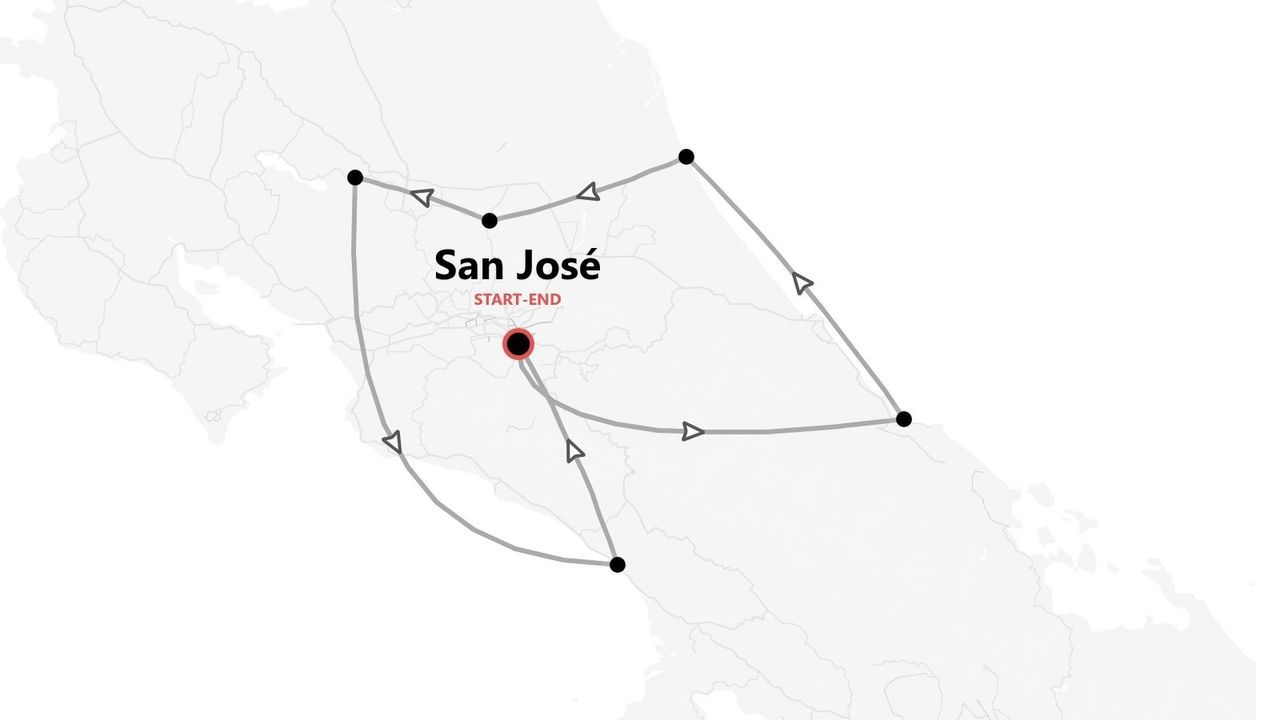Eine Karte mit einer Reiseroute für Costa Rica, die den Reiseverlauf von und nach San José zeigt.