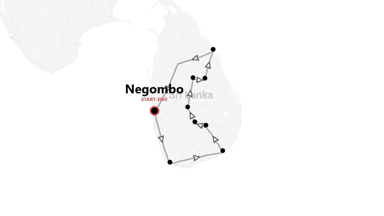 A map of Sri Lanka showing a tour itinerary that starts and ends in the city of Negombo.