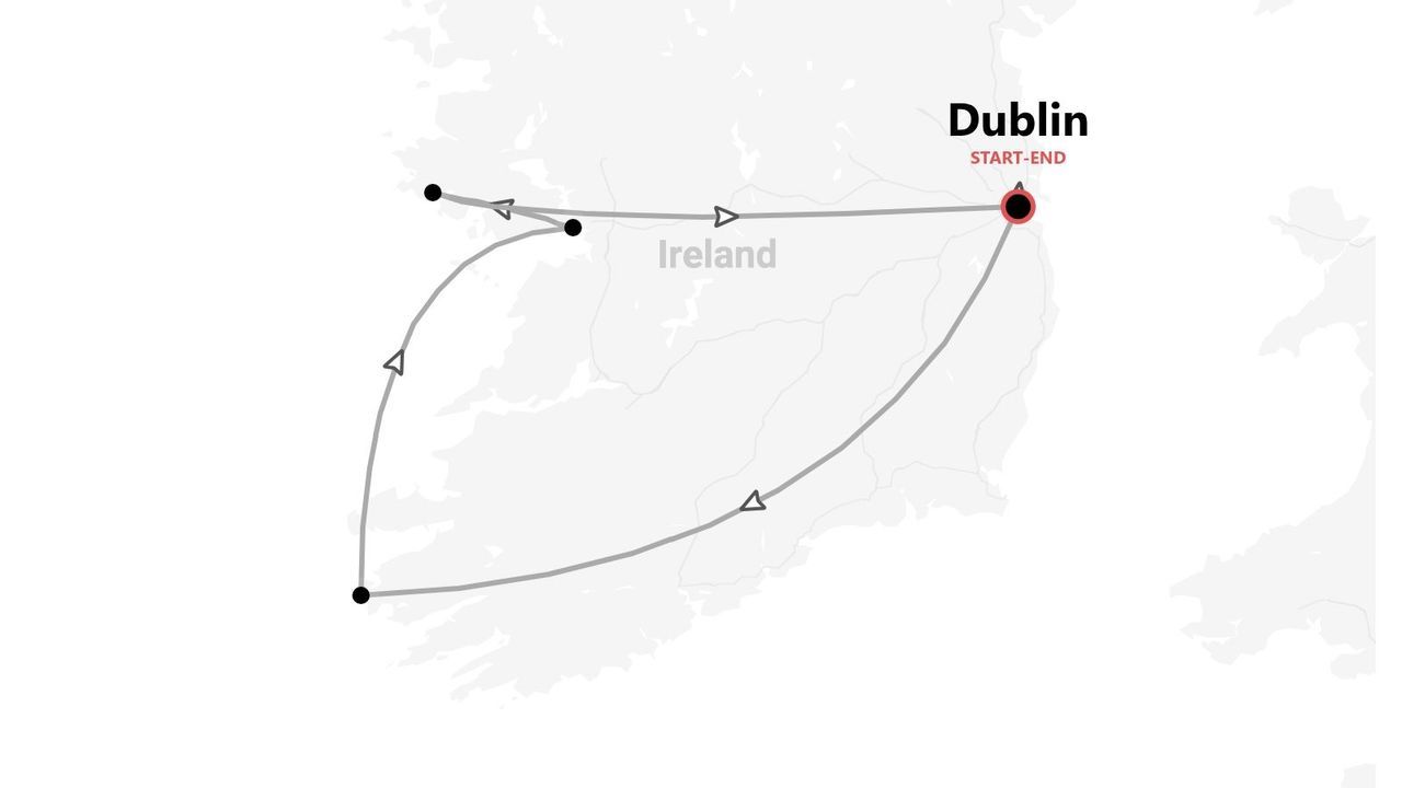 Eine Karte von Irland mit einer Rundreise, die in Dublin beginnt und endet.
